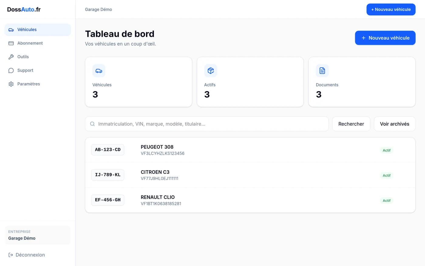 Tableau de bord DossAuto.fr